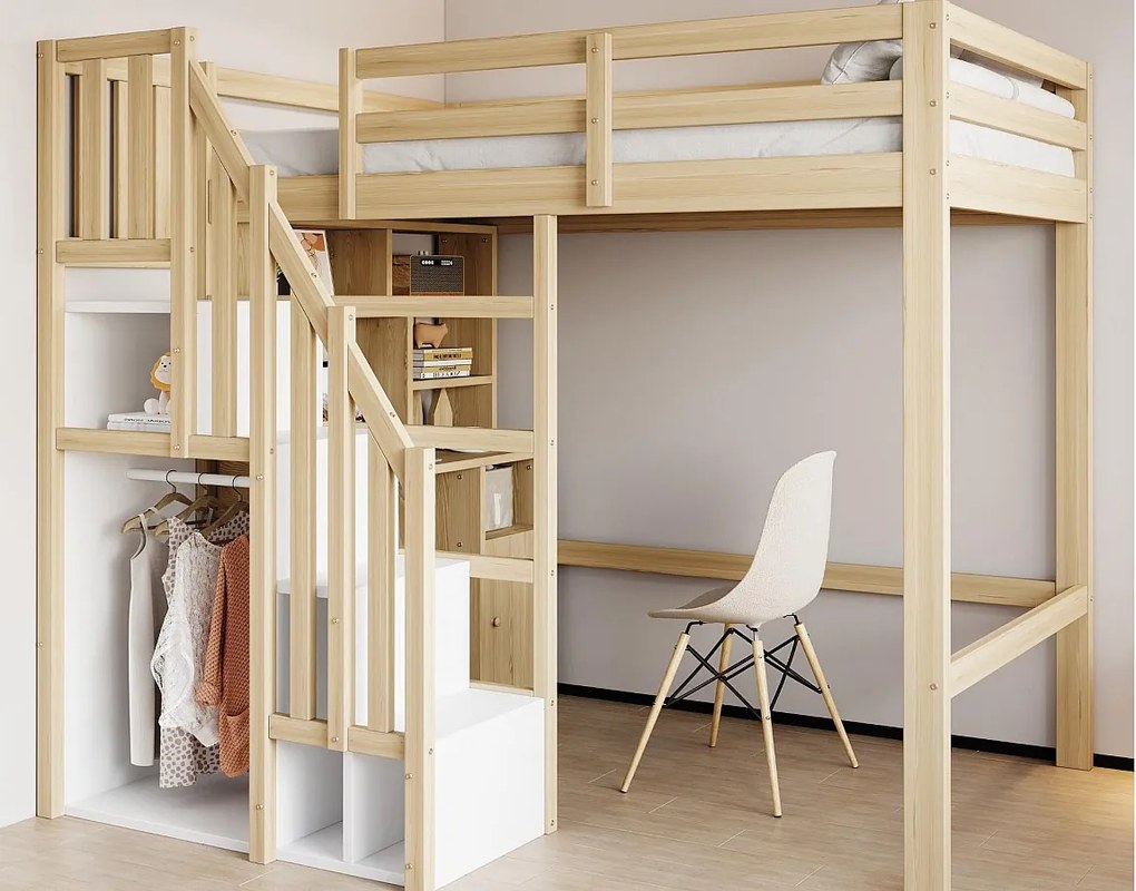 Łóżko na antresoli 90x200 cm - z półkami - z blatem roboczym - z drabinką - kolor naturalny (materac nie jest wliczony w cenę)