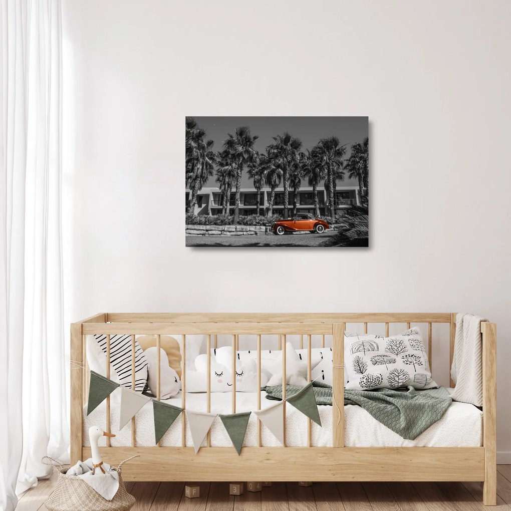 Obraz na szkle - Retro czerwony samochód (70x50 cm)