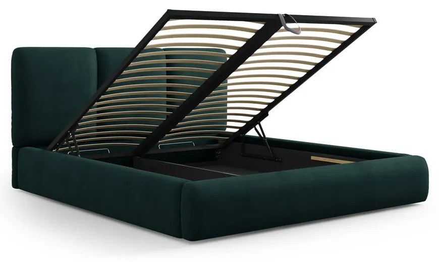 Ciemnozielone tapicerowane łóżko dwuosobowe ze schowkiem i stelażem 140x200 cm Brody – Mazzini Beds