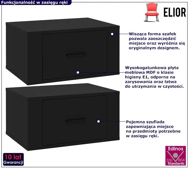 Komplet czarnych wiszących szafek nocnych - Efos