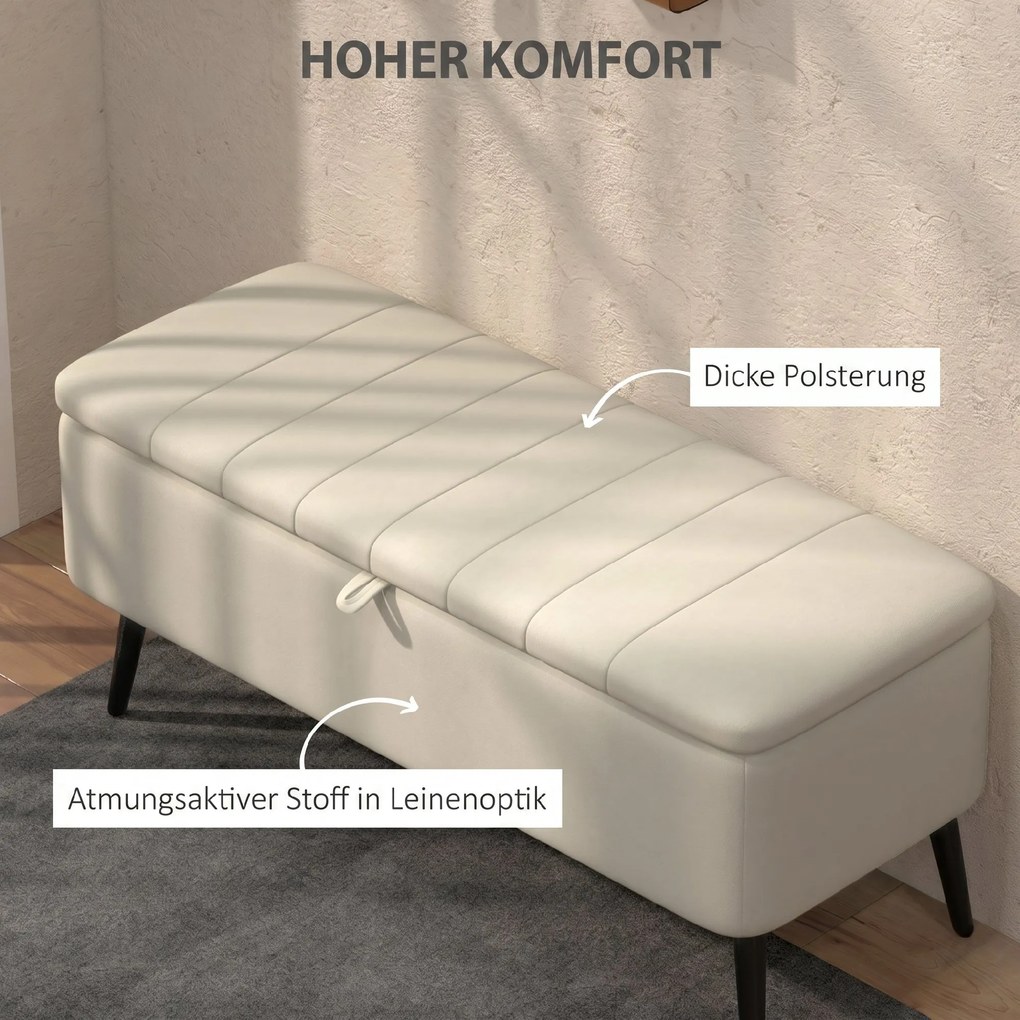 HOMCOM Ławka z miejscem do przechowywania, tapicerowana w lnianym stylu, skrzynia siedziskowa z metalowymi nogami 102 x 40 x 44 cm, kremowobiały | Aosom PL