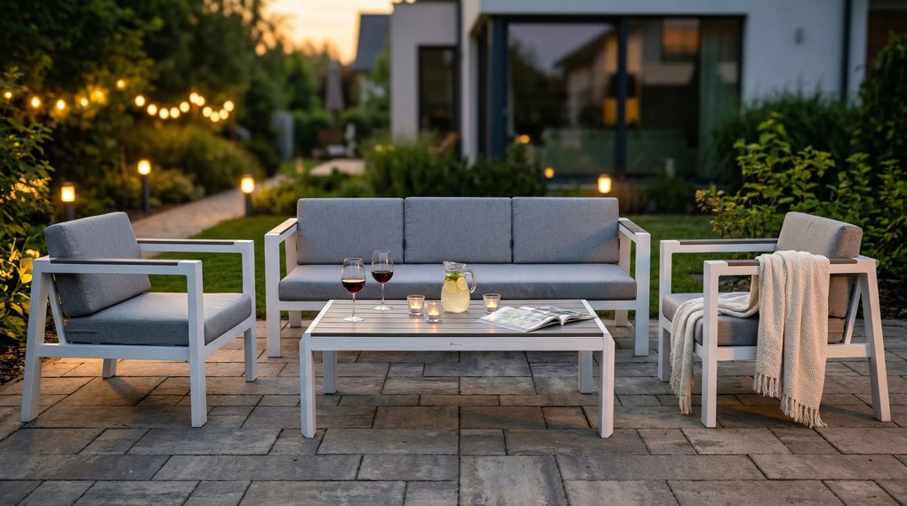 Zestaw mebli ogrodowych biały aluminium sofa fotele stolik drewniane detale