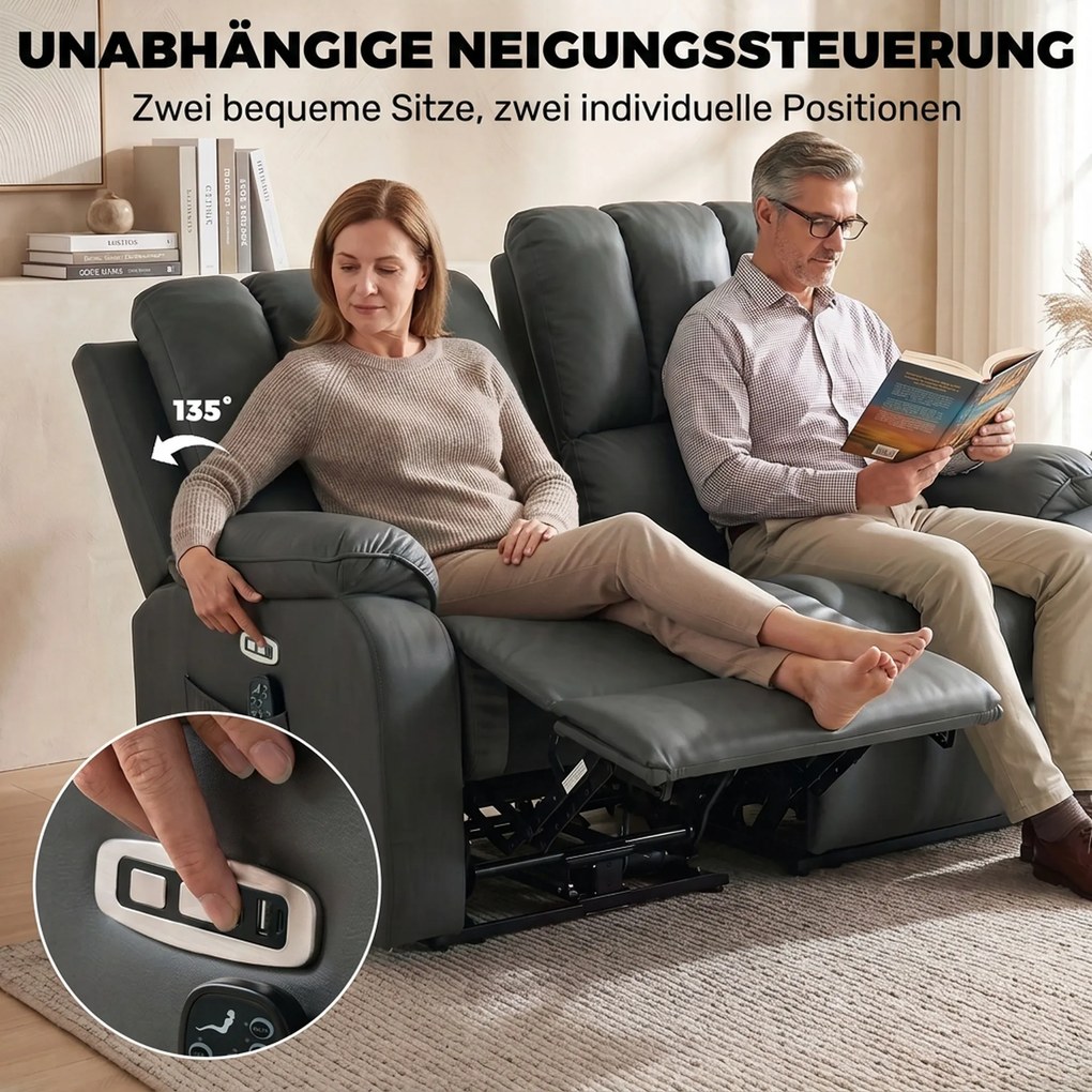 HOMCOM Dwuosobowa elektryczna sofa relaksacyjna z Leathaire, funkcją masażu i ogrzewania, 2 piloty, złącza USB/USB‑C | Aosom PL