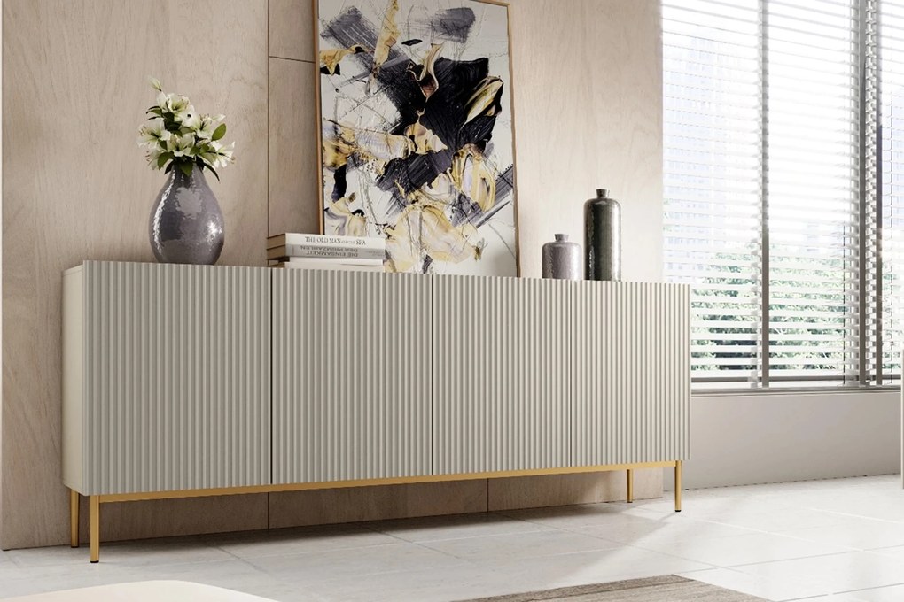 Komoda Nicole 200 cm czterodrzwiowa z ryflowanym frontem - kaszmir / złote nóżki
