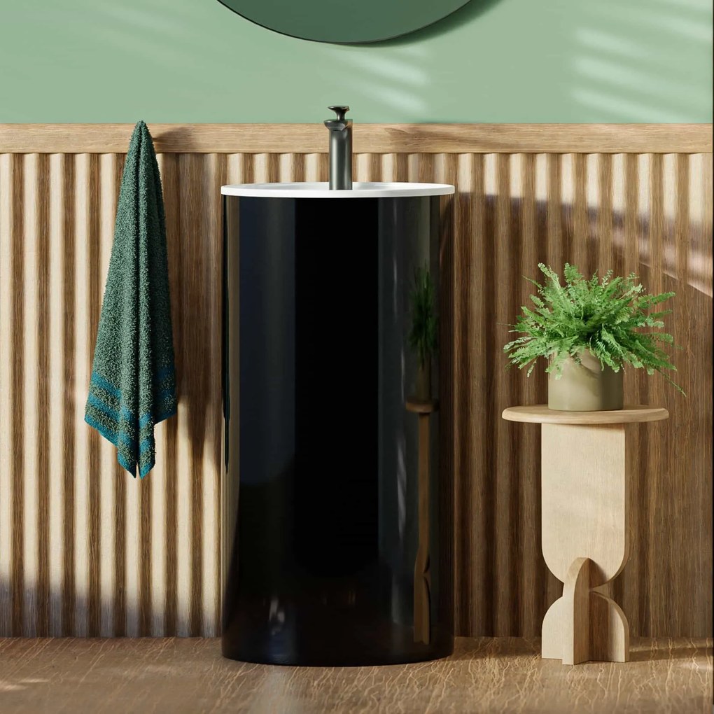 Umywalka z konglomeratu wolnostojąca okrągła czarna błyszcząca 87 x 44 cm KALMI BLACK GLOW z otworem