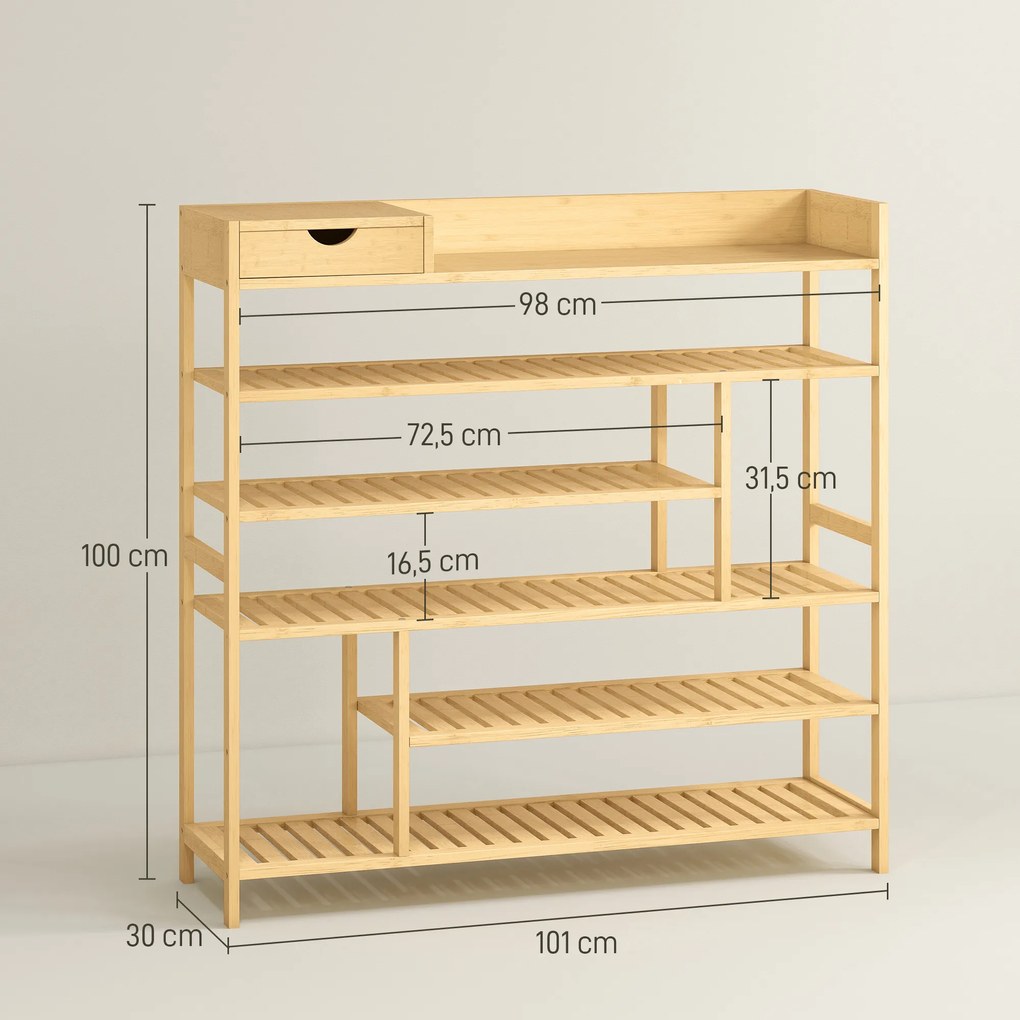 HOMCOM Regał na buty, stojak na obuwie z 6 półkami, szuflada z bambusa, dla maks. 18 par butów, regał do korytarza, sypialni, 101 x 30 x 100 cm, naturalny