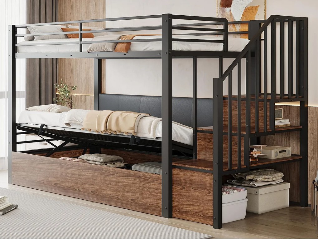 Łóżko piętrowe z kutego żelaza 90x200 cm - pikowane oparcie - z miejscem do przechowywania - z drabiną bezpieczeństwa - czarny​ (materac nie jest wliczony w cenę)