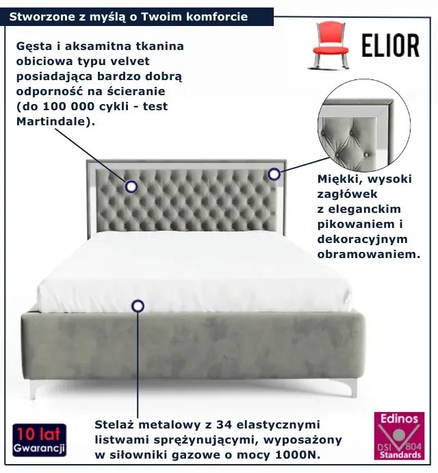 Szare łóżko tapicerowane w stylu glamour E6-P48