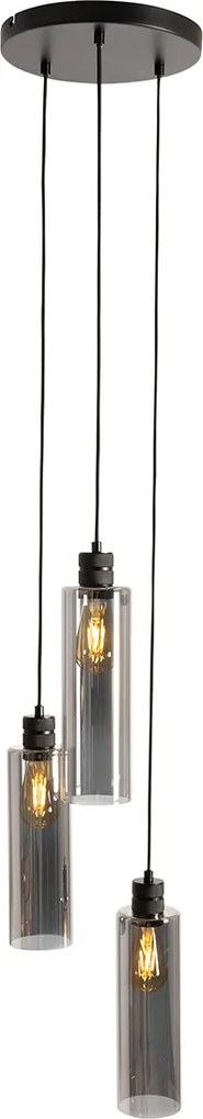 Nowoczesna lampa wisząca czarna z dymionym szkłem 3-światłowa - Stavelot