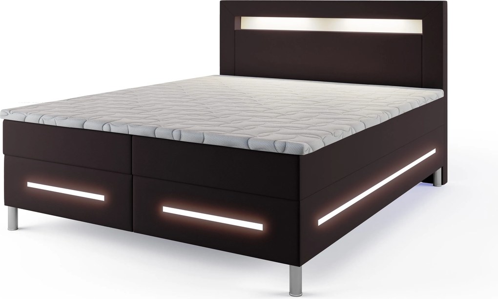Masseno Łóżko kontynentalne BENZ z podświetleniem LED i pojemnikiem na pościel - Brązowy - MADRYT 928 / 140x200 cm / Biały (Ciepły)