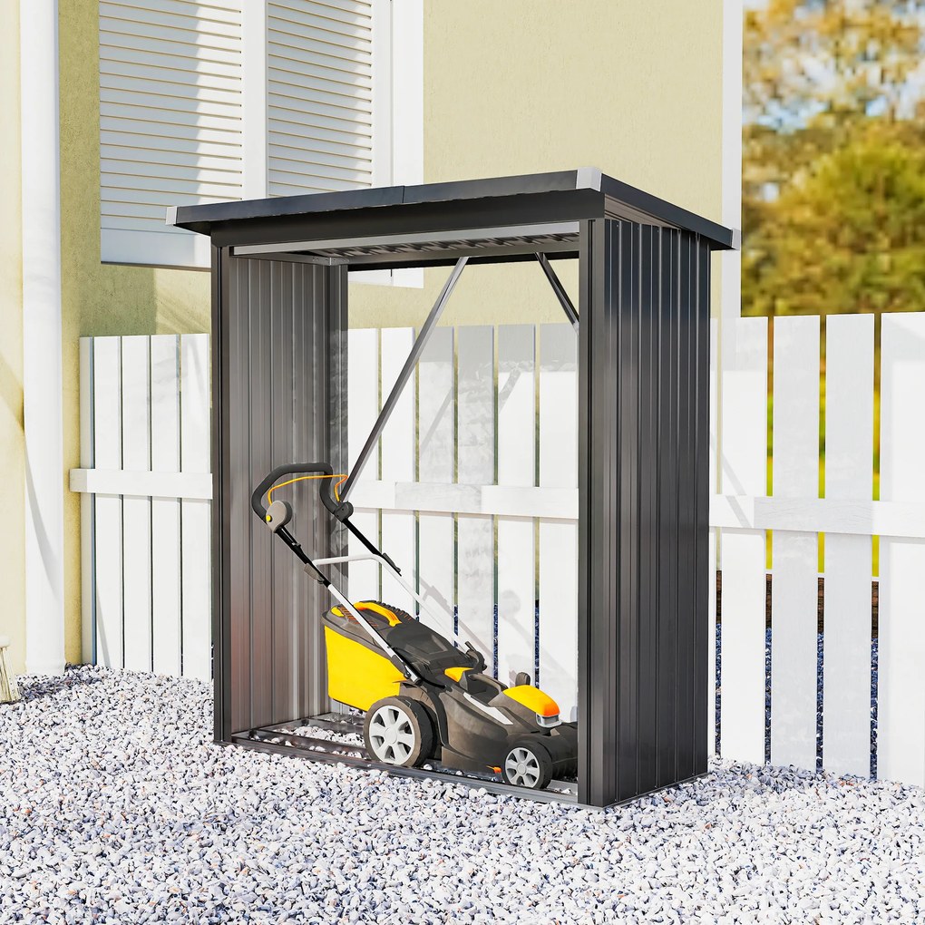 Schowek na drewno opałowe Outsunny — stalowy, podwyższone dno, dach jednospadowy, 150×66,5×150 cm, ciemnoszary