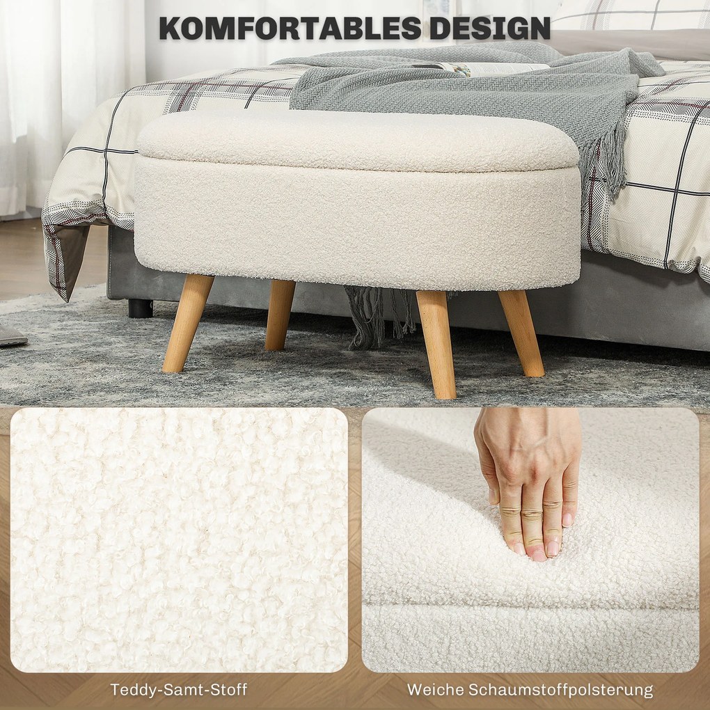 HOMCOM Ławka z Pokrywą i Miejscem na Przechowywanie, Podnóżek do Korytarza, Salonu, Sypialni, Drewno, Obicie z Tkaniny, Biały