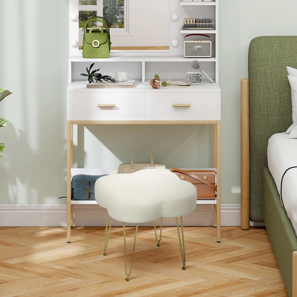 HOMCOM Hoker, Aksamitny hoker w kształcie koniczyny, Stalowe nogi, Kremowy