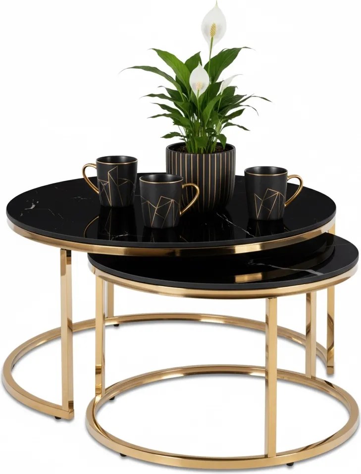 Zestaw ceramicznych stolików Milano 80 cm i 60 cm, czarny marmur/złoty