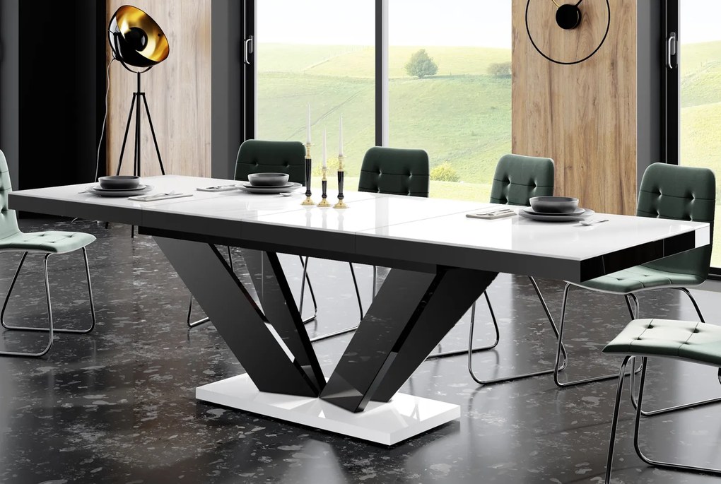 Rozkładany stół z białym blatem i czarną podstawą Viva 2