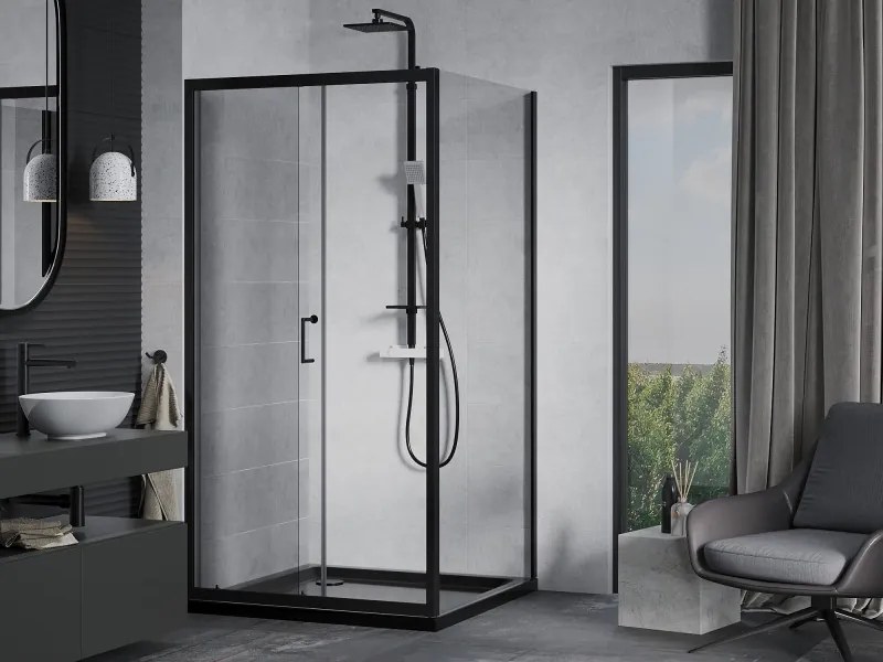 Mexen Apia kabina prysznicowa rozsuwana 90 x 90 cm, transparent, czarna + brodzik Flat, czarny - 840-090-090-70-00-4070B