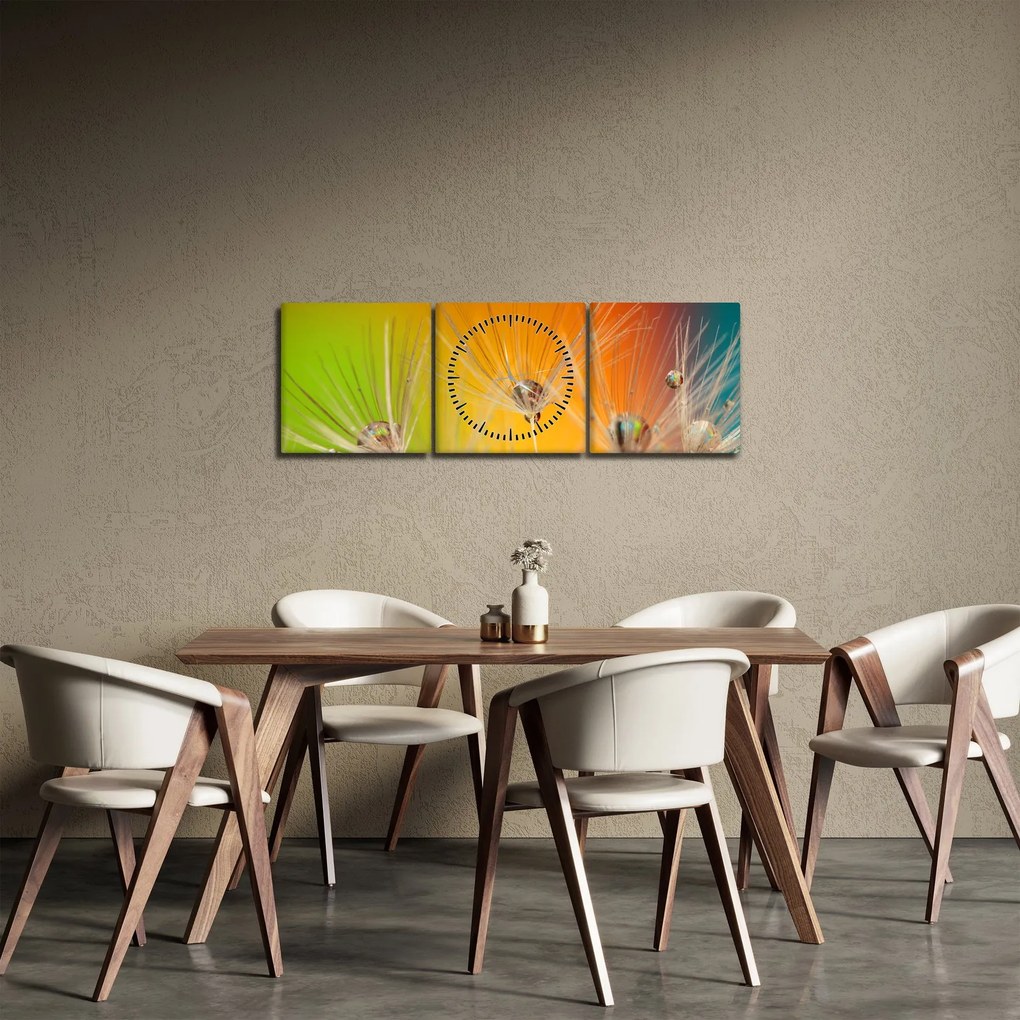 Obraz kropli na roślinie (z zegarem) (90x30 cm)