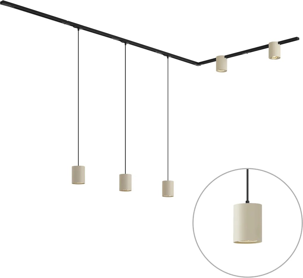 Nowoczesny system szynowy czarny z 3 lampami wiszącymi i 2 reflektorami beżowymi 1-fazowy - Iconic Holt Rondoo Up