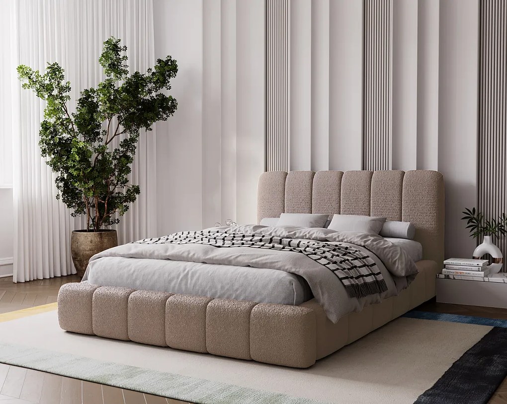 Emporius Milan łóżko tapicerowane 140x200 - pufiaste łóżko do sypialni, łóżko z pojemnikiem i stelażem - tkanina boucle, brązowy (Anthology 5)