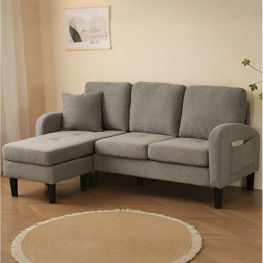 Sofa 3-osobowa z szezlongiem – Sofa narożna z kieszeniami bocznymi – Ciemnoszara tkanina bawełniano-lniana