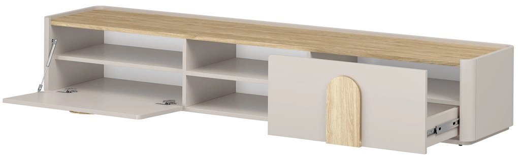 Szafka RTV Amilio 220 cm z szufladą - kaszmir / dąb olejowany / uchwyty dąb jasny