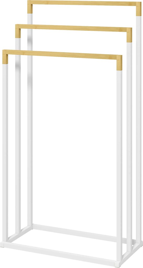 kleankin Zestaw Stojaków na Ręczniki 3 Drążki, Design Przemysłowy, Bambus, 45 x 22,5 x 86 cm, Biały + Natur