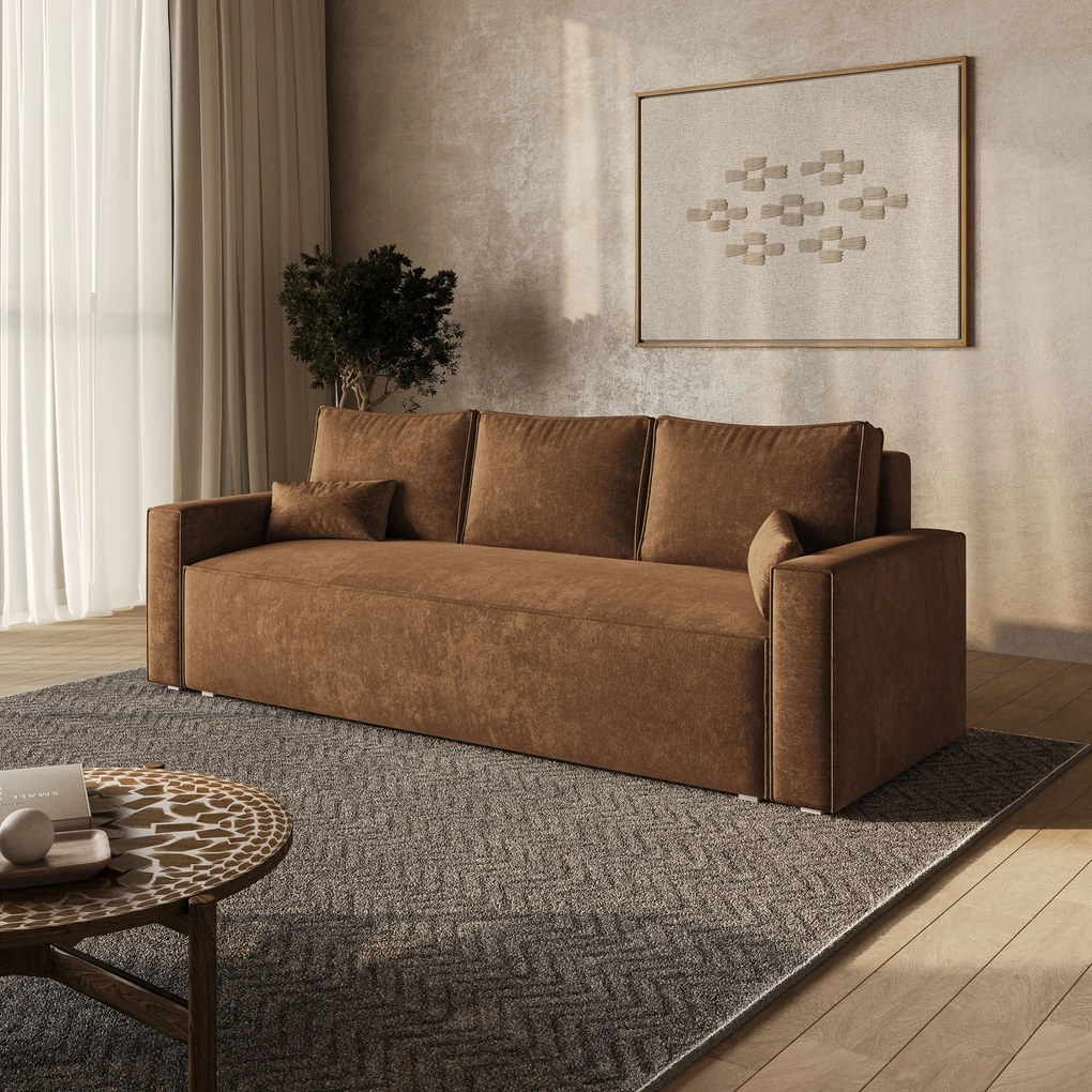 Masseno Sofa MENI z funkcją spania i pojemnikiem na pościel, Rozkładana sofa - Jasnobrązowy, LUMO 35