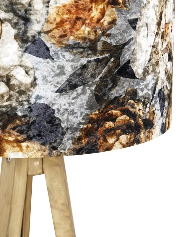 Lampa podłogowa w stylu vintage z drewnianym abażurem w kwiatowy wzór 50 cm - Tripod Classic klasyczny/Antyczny Oswietlenie wewnetrzne