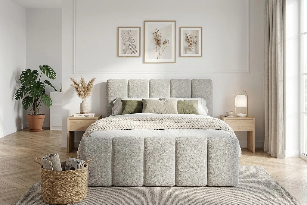Stylowe łóżko tapicerowane KORA 200x200 cm w tkaninie CENTAUR 3 jasnoszarej