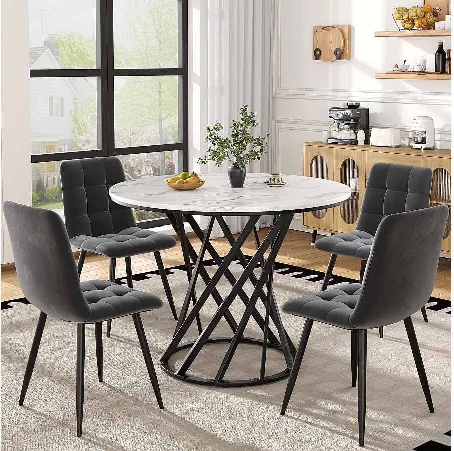 Zestaw 5 stołów i krzeseł do jadalni - 80 x 80 x 76 cm - blat stołu MDF + 4 krzesła welurowe - MDF + Metal - czarny