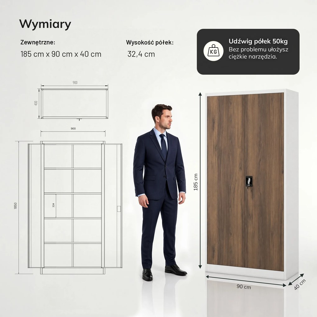 Szafa biurowa na dokumenty z 4 półkami biała/orzech, 900x1850x400 mm: JAN Eco Design