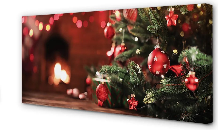 Obraz na płótnie Choinka, Bombki, Lampki i Prezenty