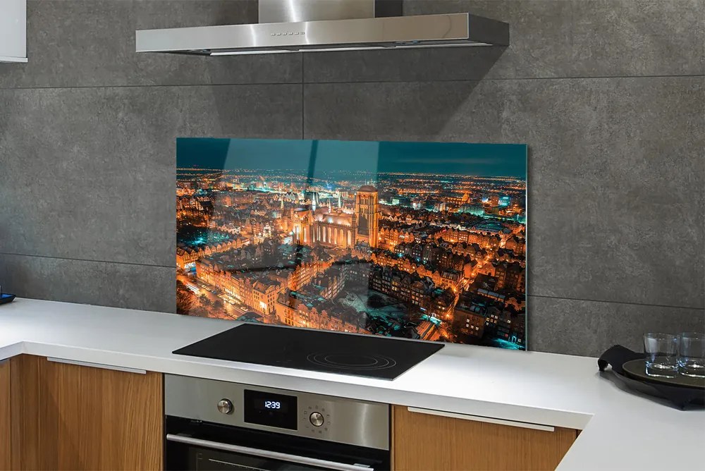 Panel szklany do Kuchni Nocna Panorama Gdańskich Kościołów