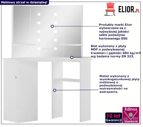 Biała narożna toaletka podświetlana z lustrem led Lidan