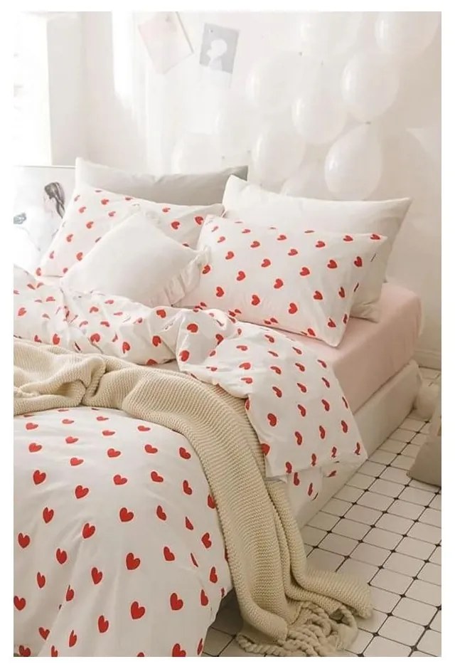 Kremowa pościel dwuosobowa z bawełny renforcé z prześcieradłem 4-częściowa 200x220 cm Mini Hearts – Mila Home