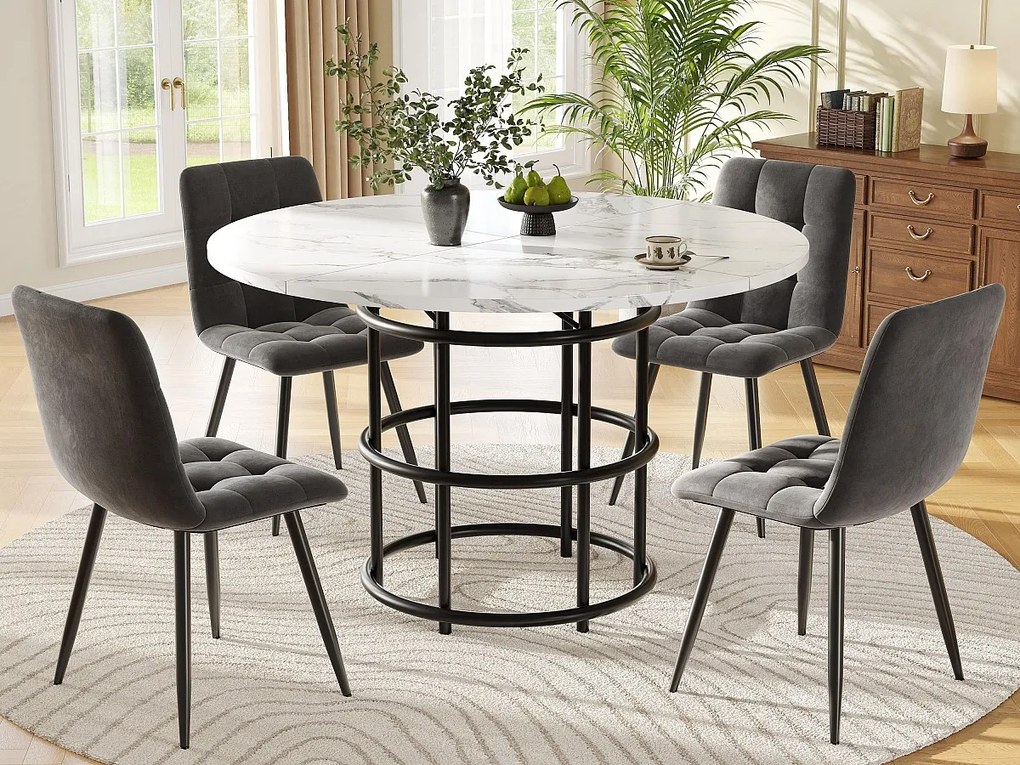 Okrągły stół 100x100x76cm z 4 krzesłami - Blat MDF, metalowa konstrukcja i aksamitne poduszki - Biały&Czarny