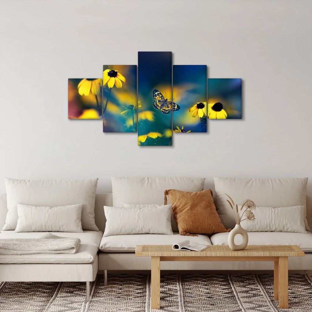 Obraz - Żółty motyl z kwiatami (125x70 cm)