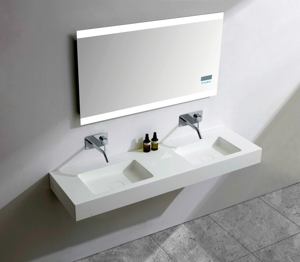 Podwójna umywalka ścienna BA8015 z odlewu mineralnegoOpcjonalna metalowa konsola - 153 x 45 x 12 cm