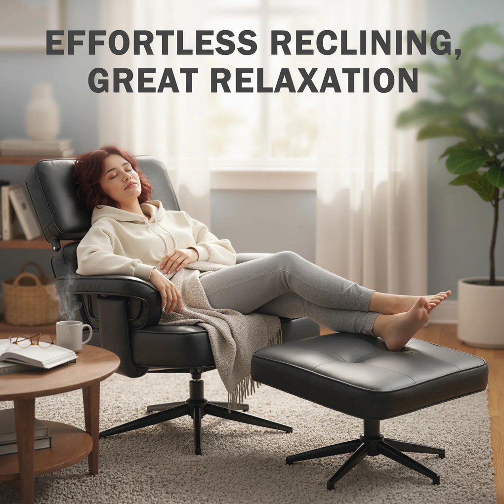 HOMCOM Regulowany fotel leżankowy z podnóżkiem, obicie z ekoskóry, regulowany zagłówek, metalowa podstawa, czarny