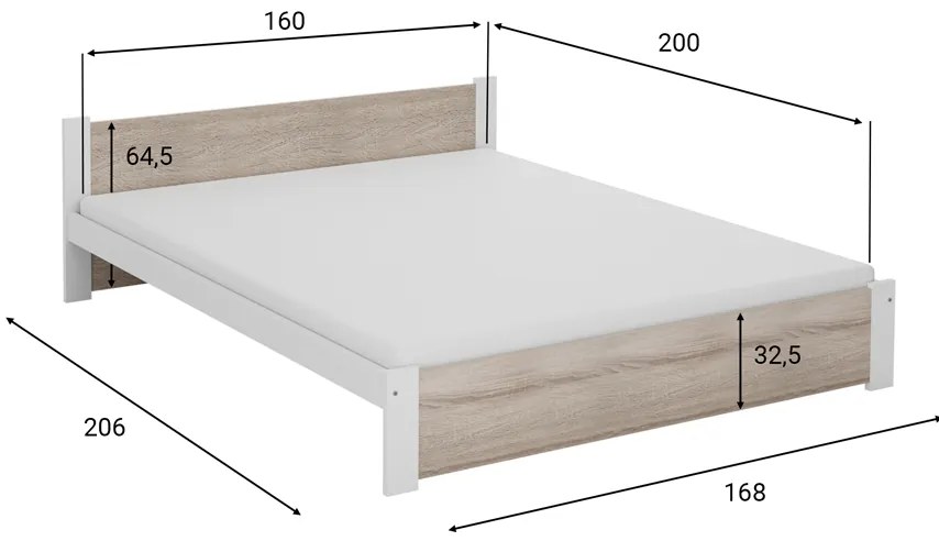 Łóżko IKAROS 160 x 200 cm, białe/dąb sonoma Stelaż: Ze stelażem listwowym elastycznym, Materac: Bez materaca