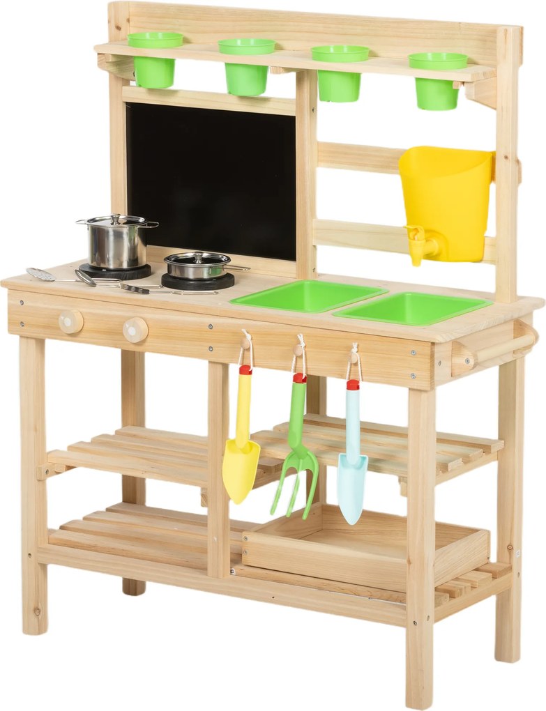 AIYAPLAY Kuchnia błotna dla dzieci na zewnątrz, drewniana kuchnia zabawkowa ze zlewem, kuchenką, doniczkami, tablicą dla 3-6 lat 77x32x95 cm drewno naturalne | Aosom PL