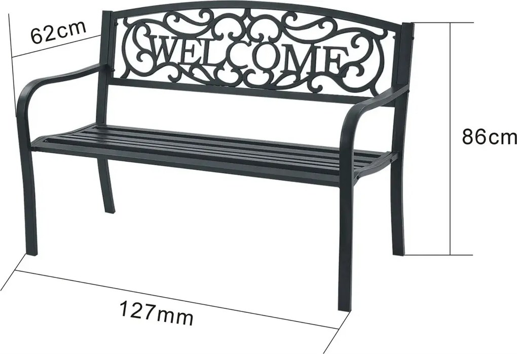 Czarna ławka ogrodowa z napisem na oparciu W3-R91