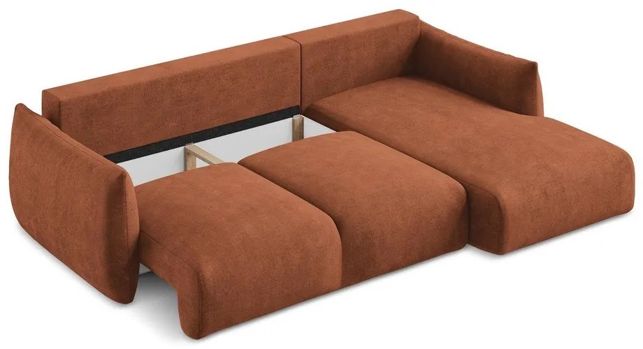 Rozkładany narożnik z tkaniny szenilowej (prawostronny/z szezlongiem) w kolorze terakoty Leila – Makamii