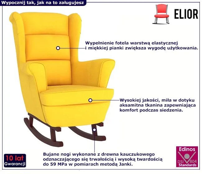 Żółty tapicerowany fotel bujany w stylu uszak - Erato