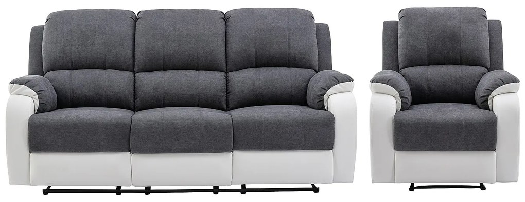 Kanapa 3-osobowa i fotel z funkcją relax z mikrofibry i ekoskóry Kolor szary i biały BRODY