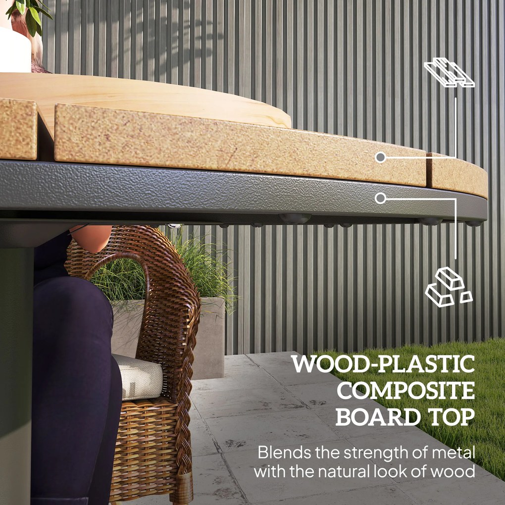 Outsunny Stół Ogrodowy Ø70 cm, Odporny na Warunki Atmosferyczne, Okrągły Balkonowy z Lamelami, Stalowy Ø70 x 74H cm, Drewno Naturalne