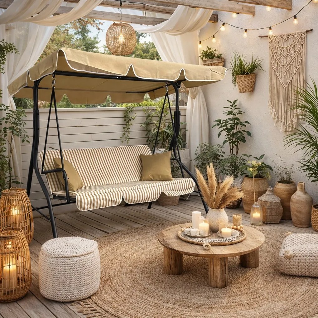 Huśtawka ogrodowa 3-osobowa Puerto MAS-4003A, beżowy w białe paski