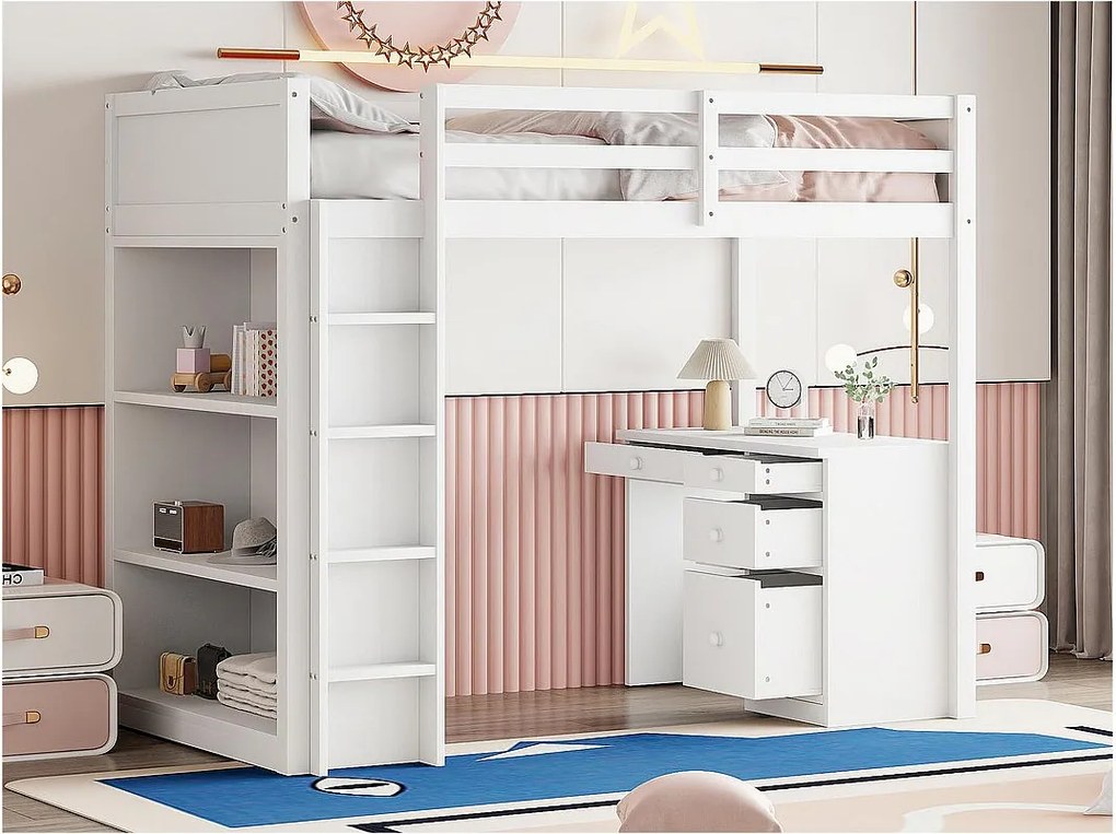 Łóżko mezzanine 90x200 cm - z meblami do przechowywania i biurkiem - z litego drewna - Białe