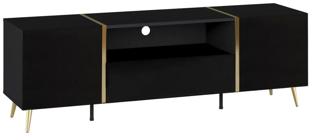 Szafka RTV 2-drzwiowa z 1 szufladą i 1 wnęką - Czarny z połyskiem i Złoty - MARZIALO