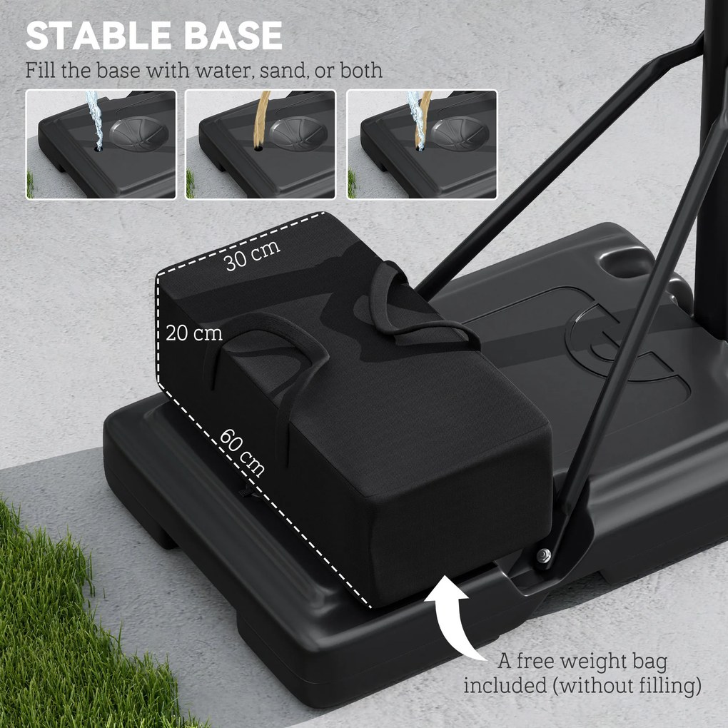 SPORTNOW Stojak na Koszykówkę, Regulowana Wysokość Kosza 235-305 cm, Podstawa na Kółkach do Wypełnienia, Czarny